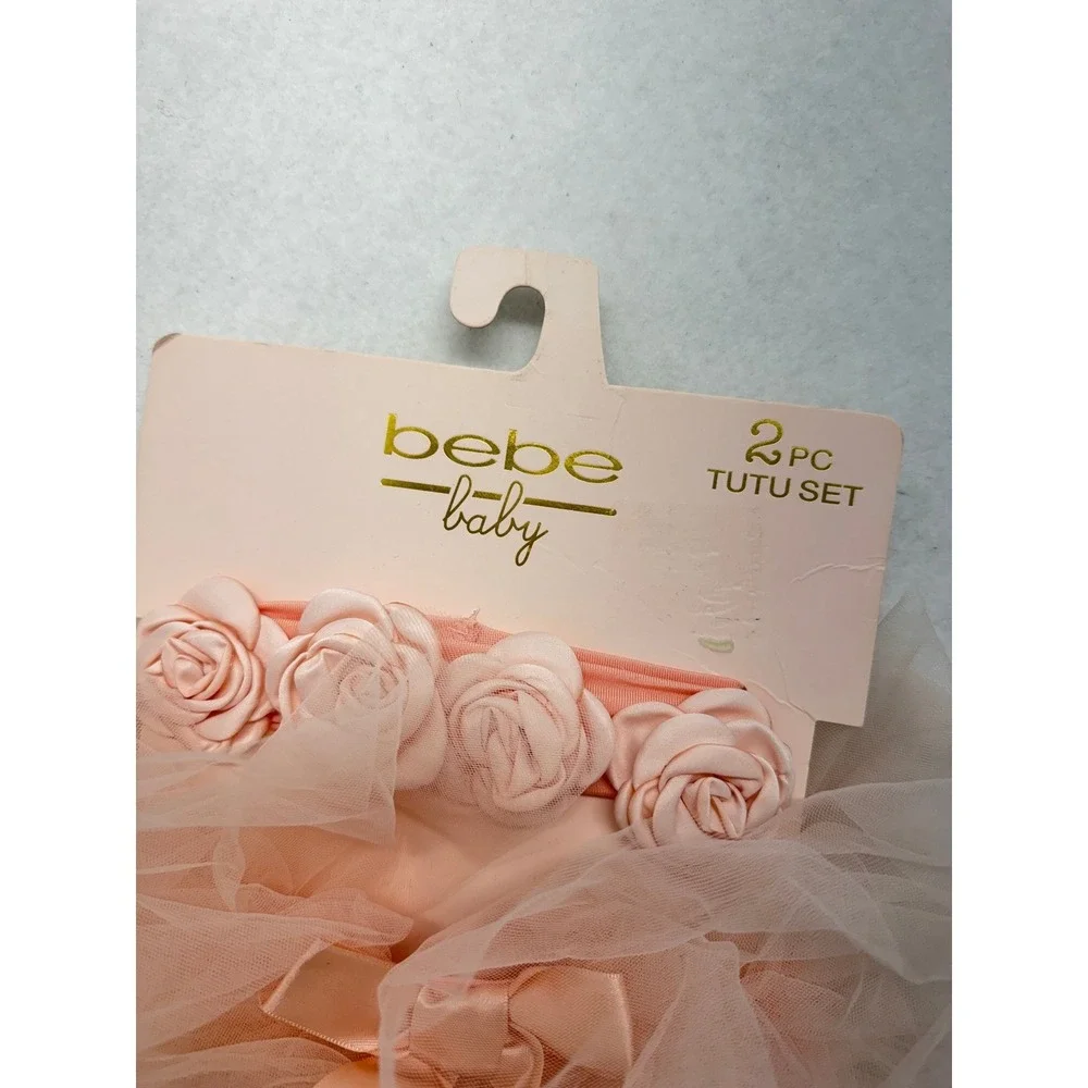 Bebe Baby Girl 2PC Tutu Set Pink Tulle Skirt Flower Headband Rosettes NWT